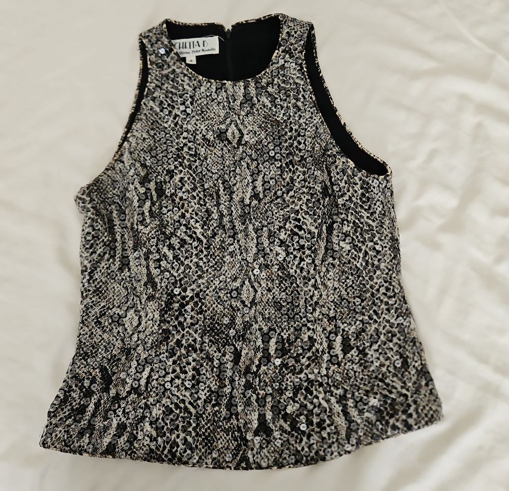 Chetta B Black and White Sequin Animal-Print Tank